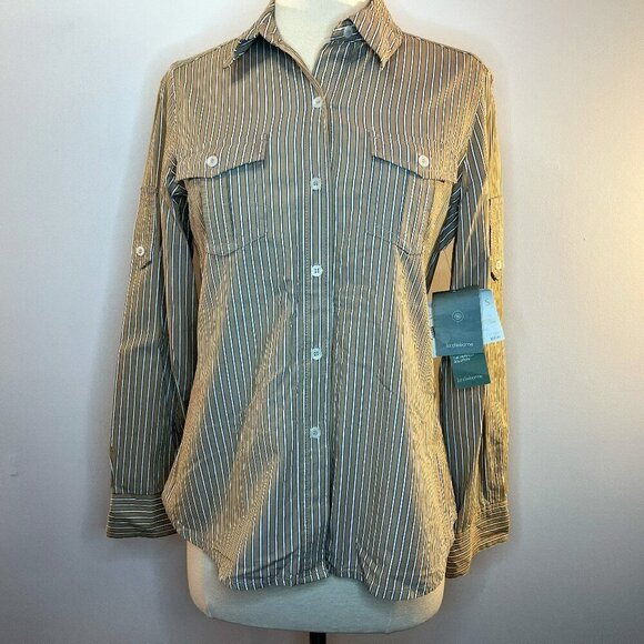 Liz Claiborne Tan Striped Button Up Shirt - Size Small - NWT $59 - Picture 1 of 4